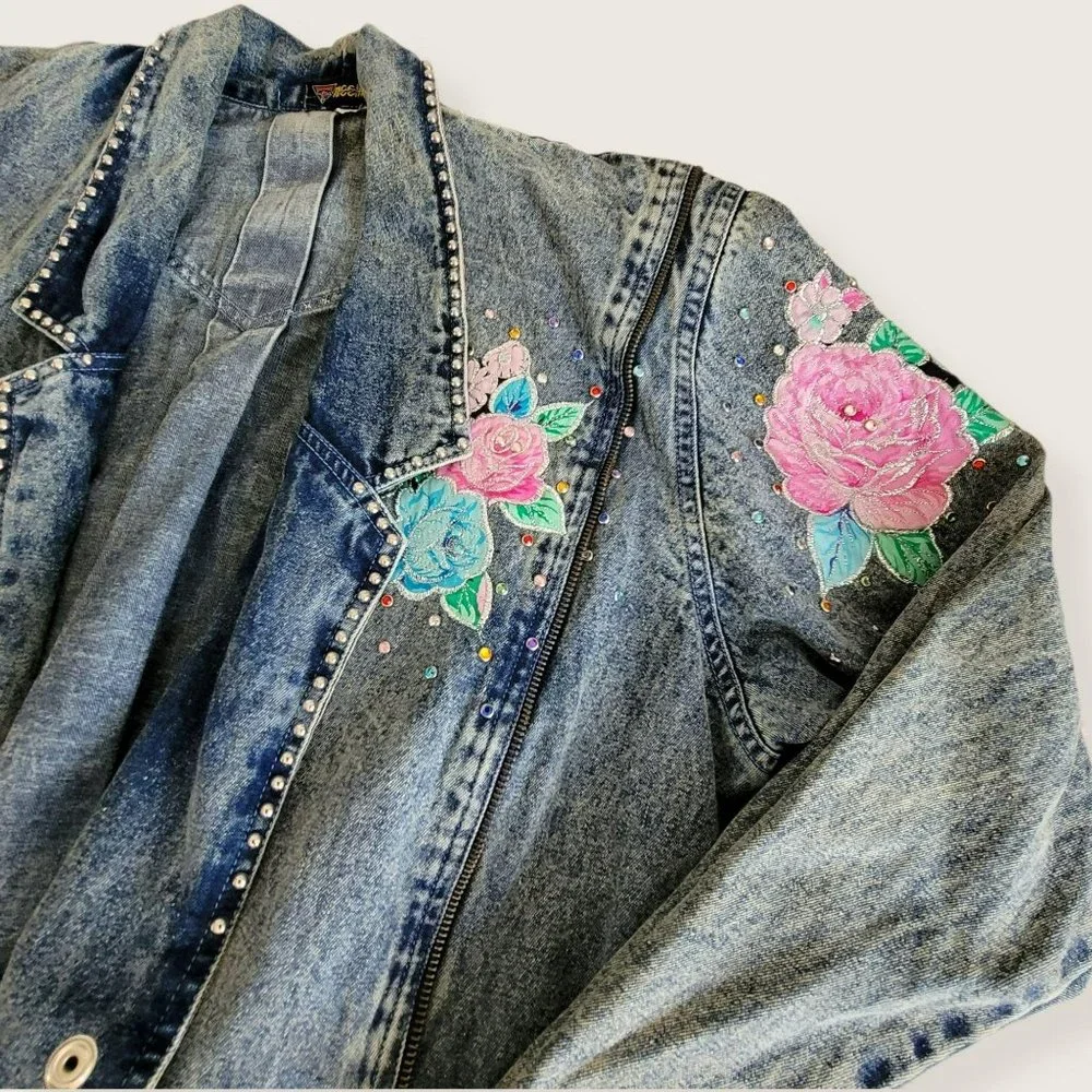 Vintage Embroidered Long Denim Jacket Blazer Zip Accent Woman's Size XL LH8009 - Picture 11 of 14